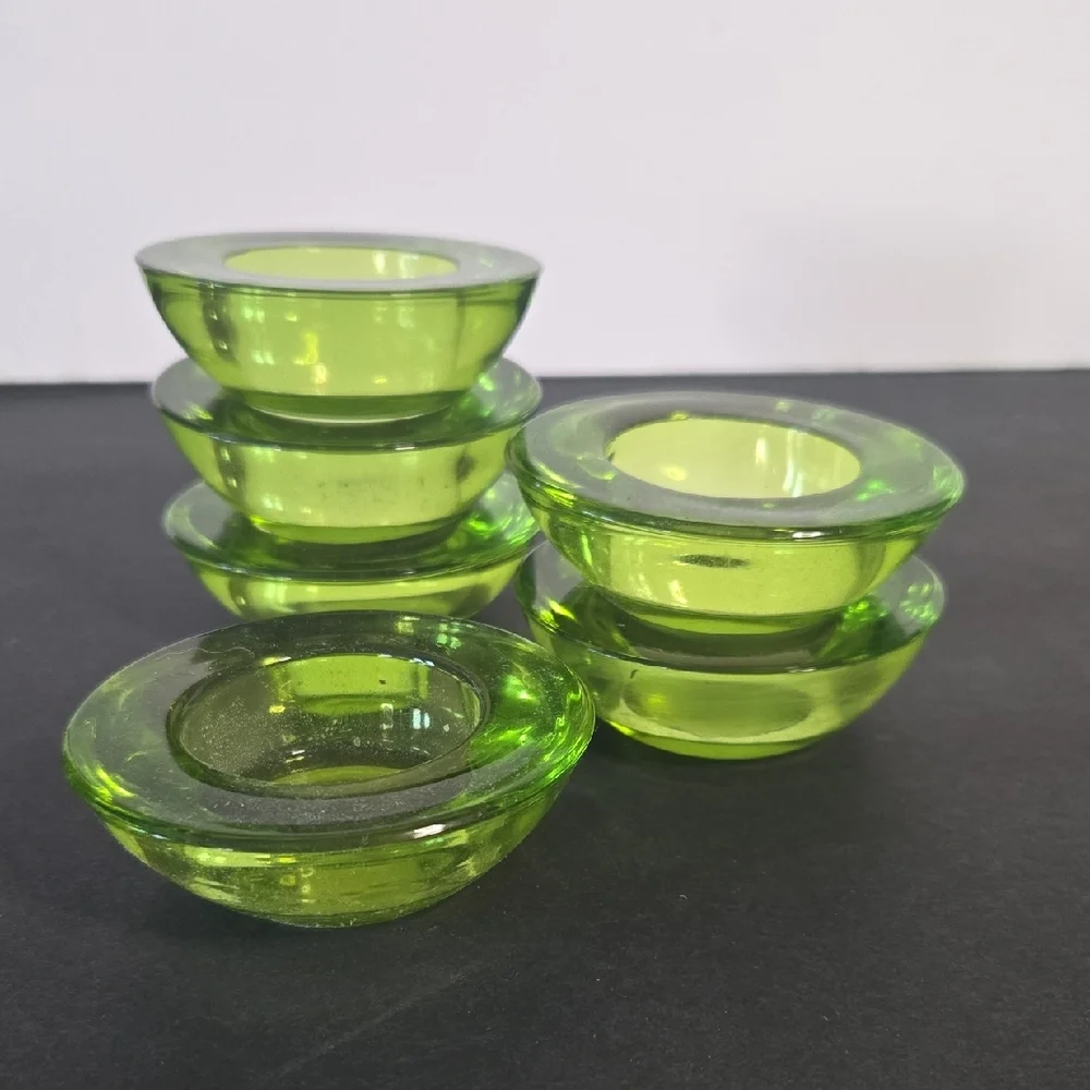 Crate & Barrel Glass Green Tealight Votive Candle Holders Set of 6